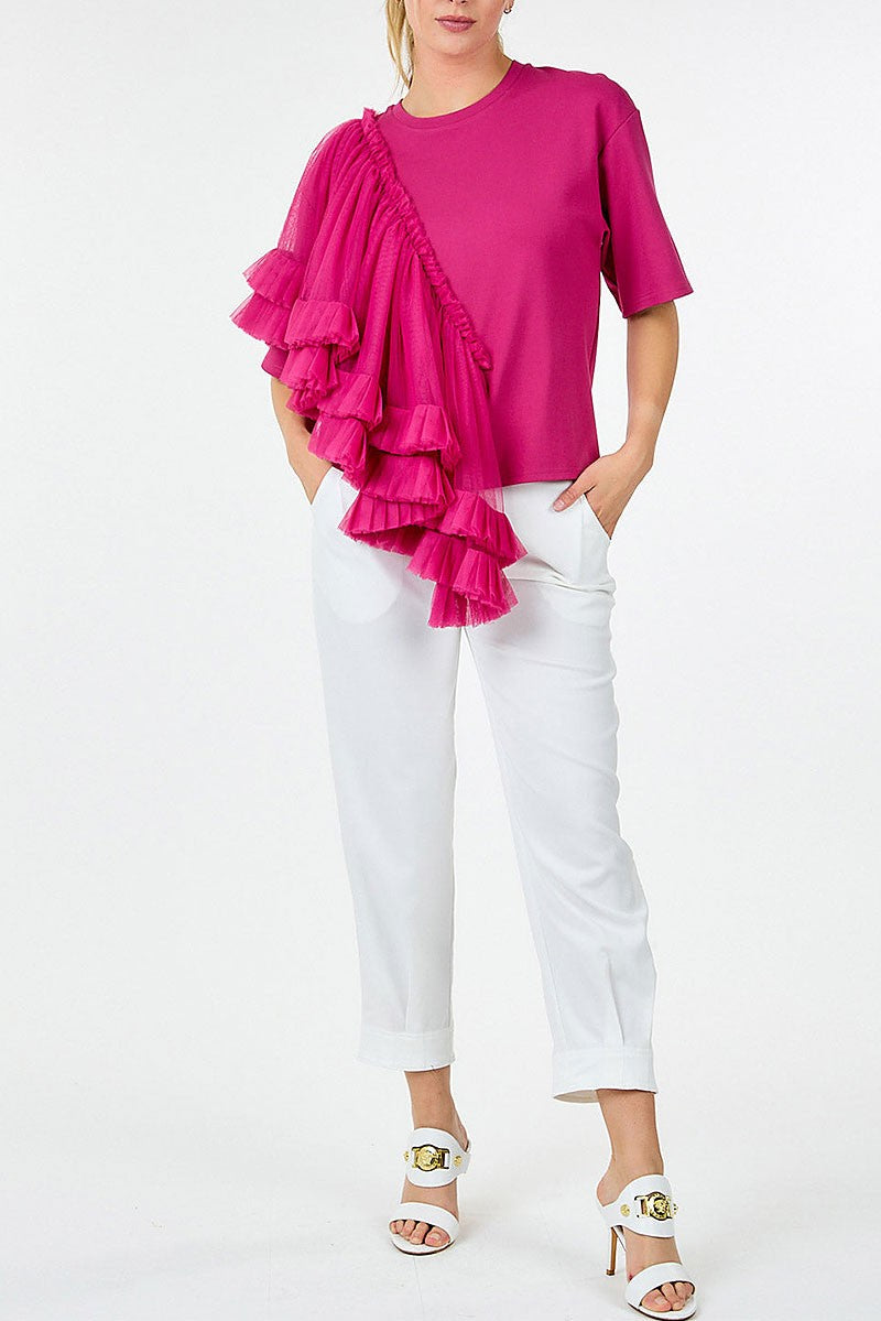 Short sleeve ruffle tiered detailed top (RVWT9182)