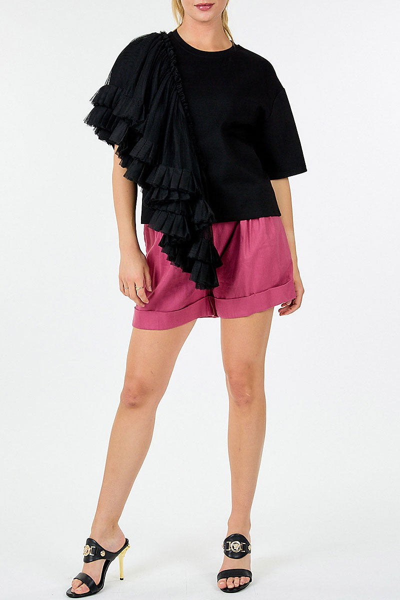 Short sleeve ruffle tiered detailed top (RVWT9182)