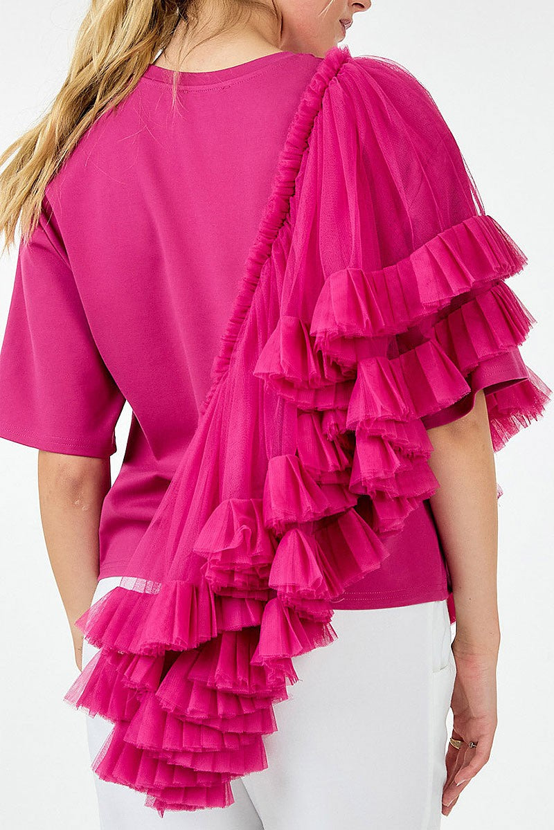 Short sleeve ruffle tiered detailed top (RVWT9182)