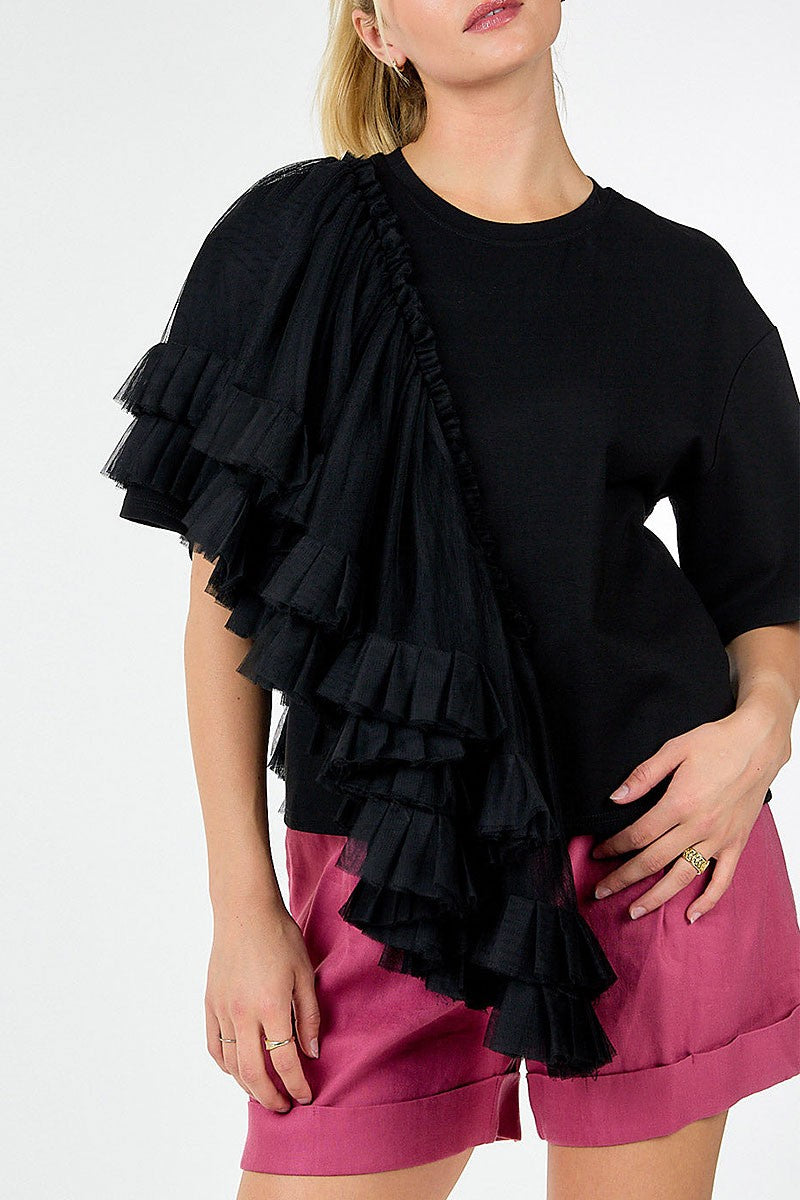 Short sleeve ruffle tiered detailed top (RVWT9182)