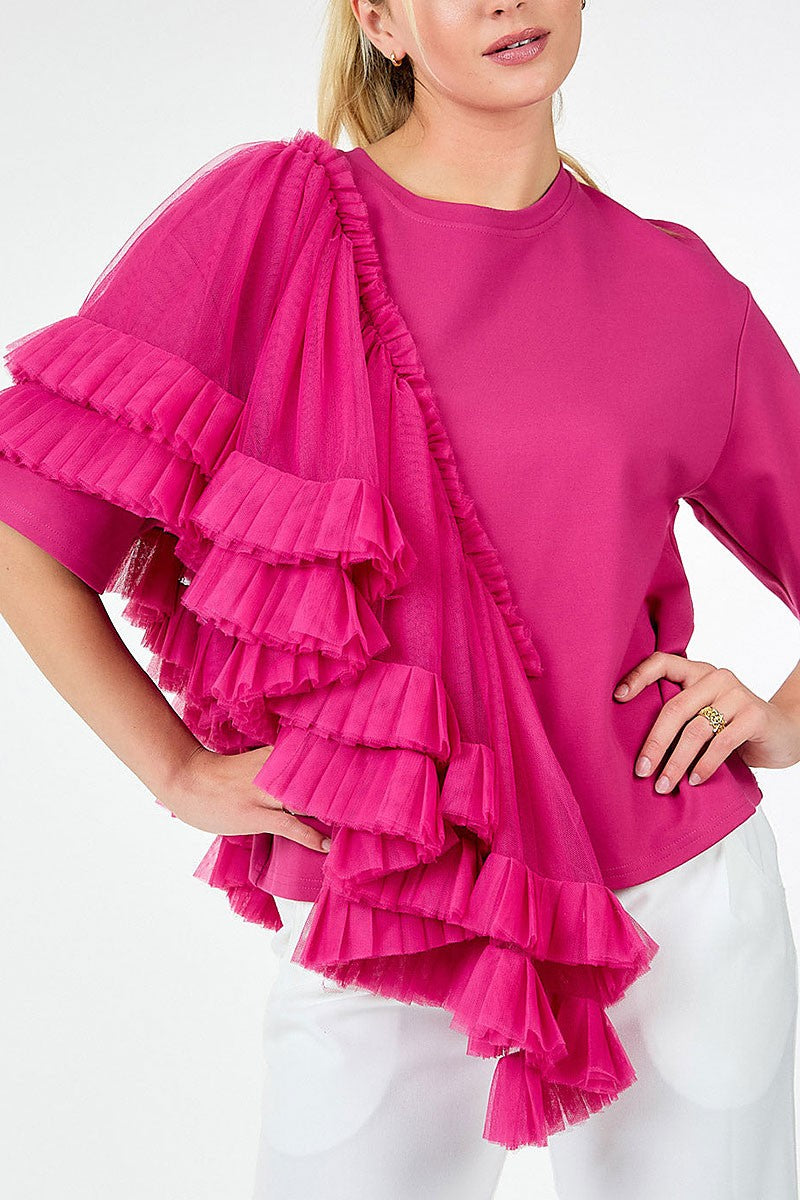 Short sleeve ruffle tiered detailed top (RVWT9182)