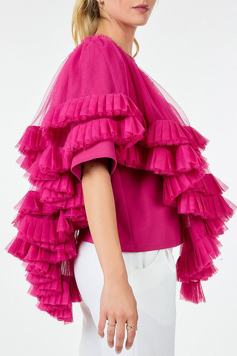 Short sleeve ruffle tiered detailed top (RVWT9182)