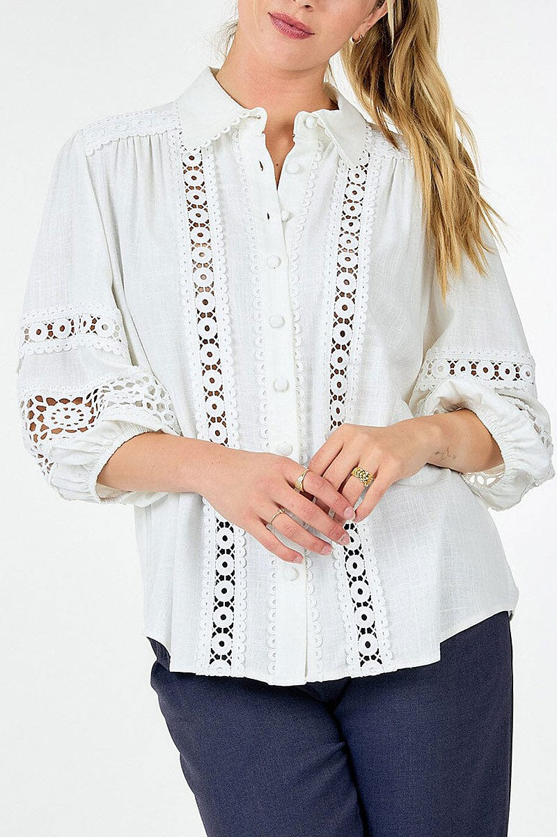 Button closure crochet detailed blouse (RVWT9201)