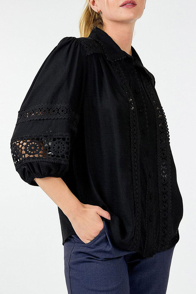 Button closure crochet detailed blouse (RVWT9201)