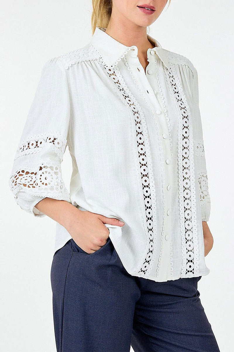 Button closure crochet detailed blouse (RVWT9201)