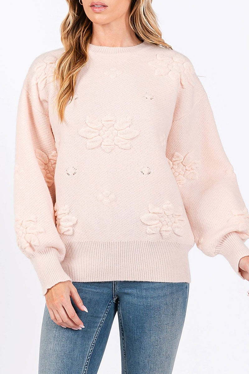 Boat neck floral motif long sleeves knit sweater (RSSW5033)