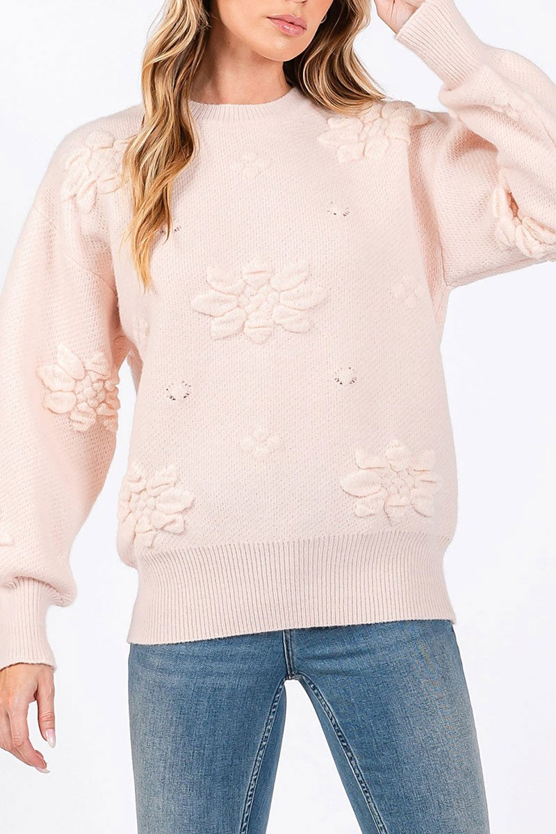 Boat neck floral motif long sleeves knit sweater (RSSW5033)