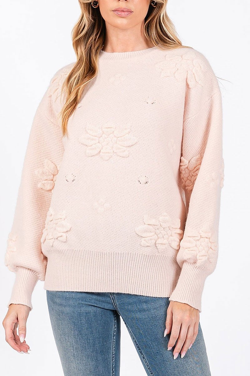 Boat neck floral motif long sleeves knit sweater (RSSW5033)