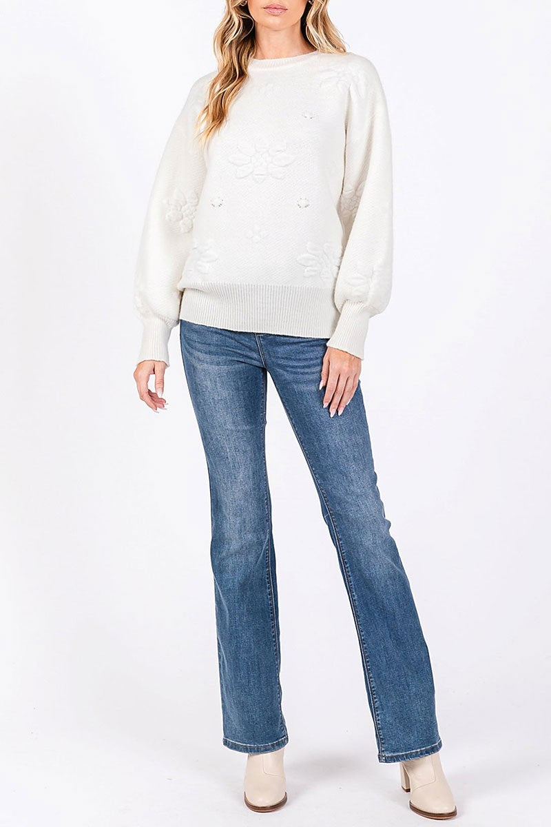 Boat neck floral motif long sleeves knit sweater (RSSW5033)