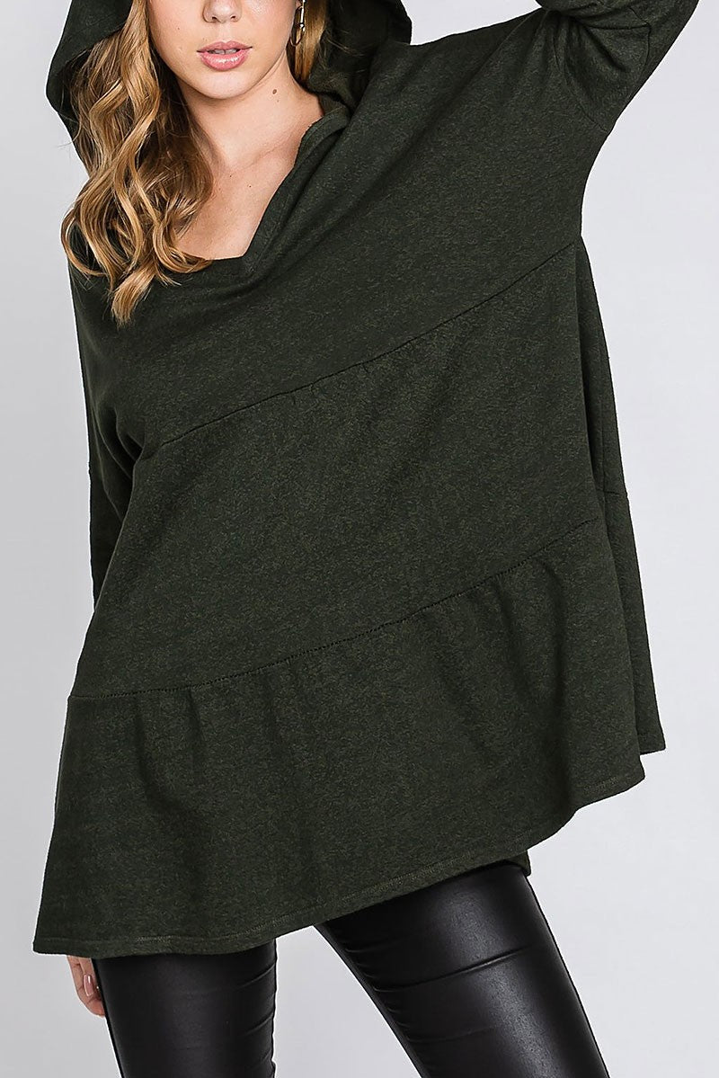 Frech terry long sleeves tiered tunic hoodie top (RSSW5035)