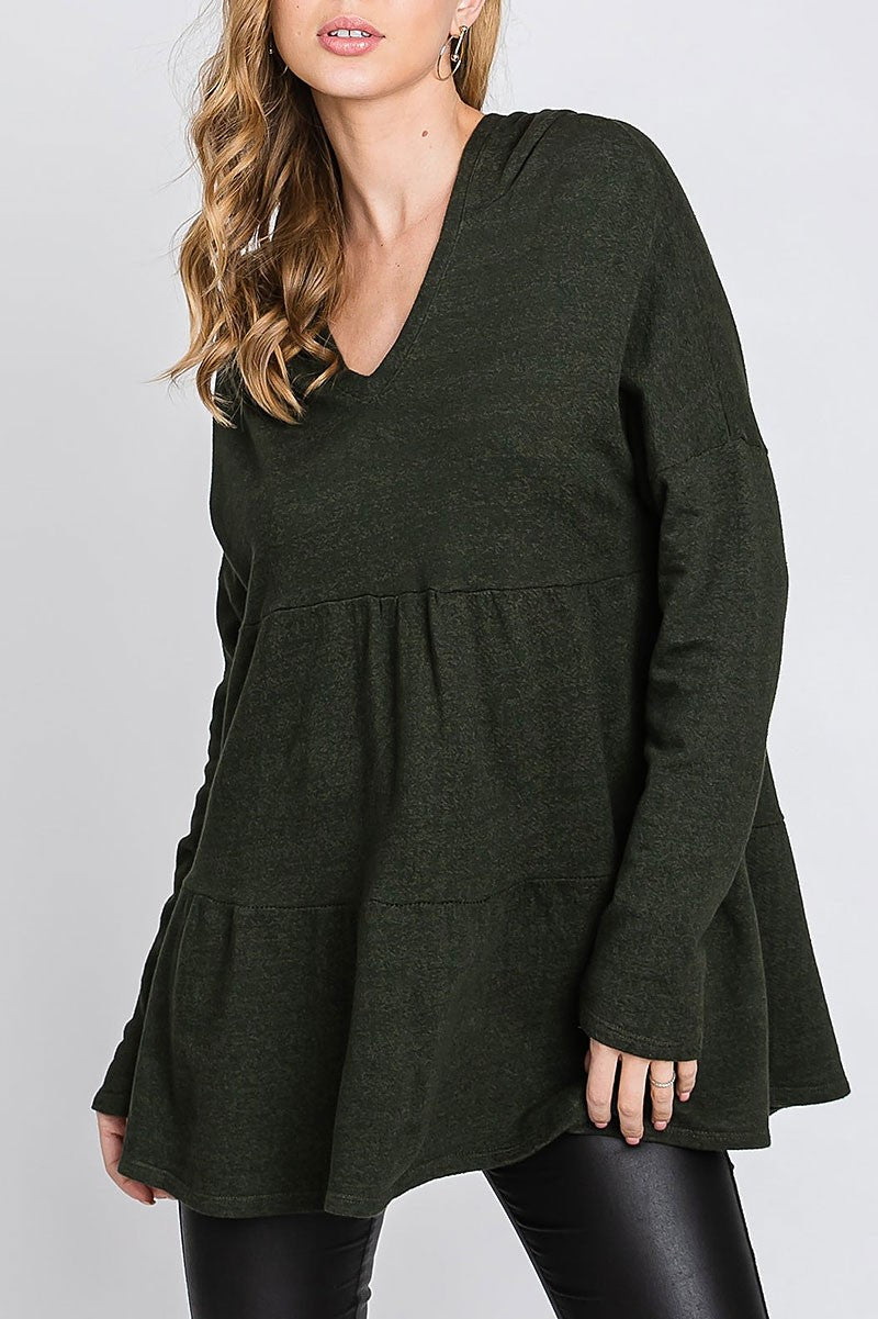 Frech terry long sleeves tiered tunic hoodie top (RSSW5035)