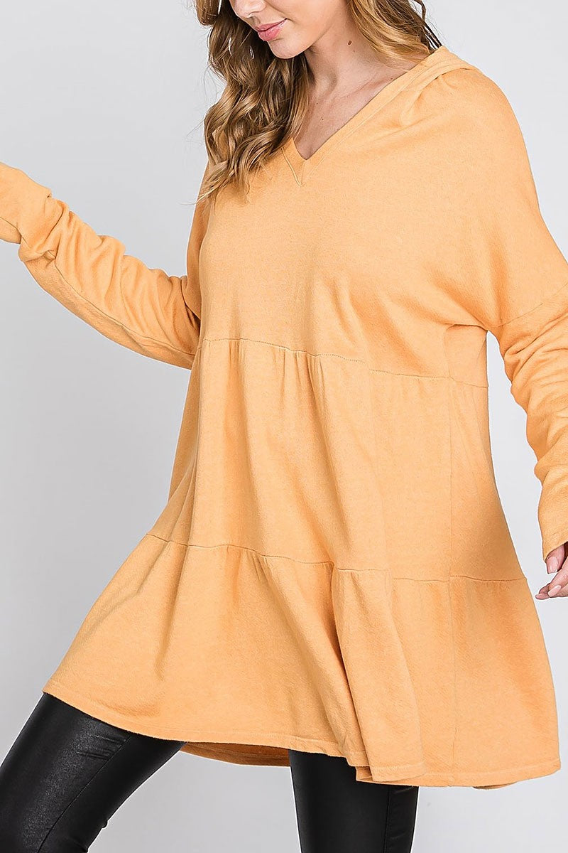 Frech terry long sleeves tiered tunic hoodie top (RSSW5035)