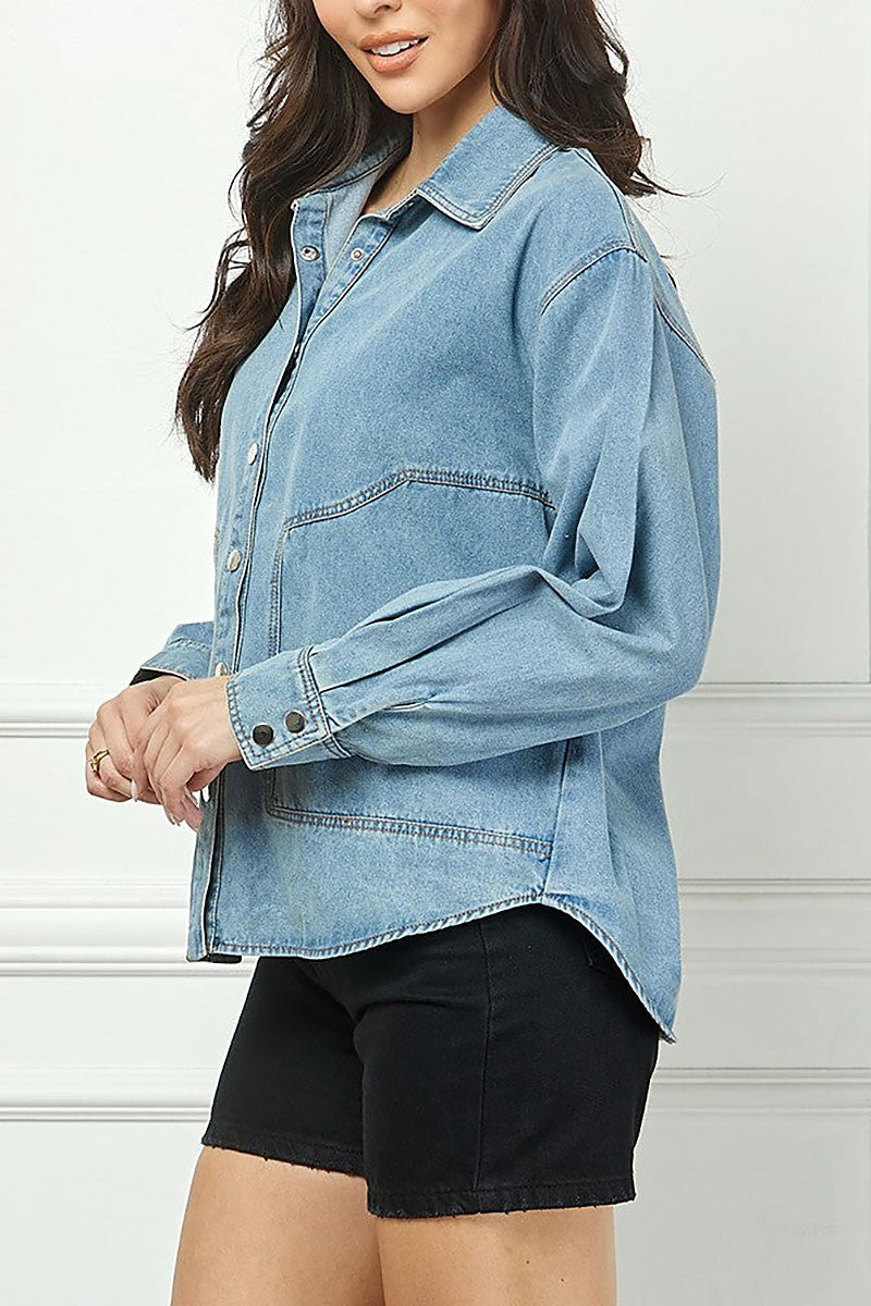 Collared long sleeves button down shacket top (RSSW5038)