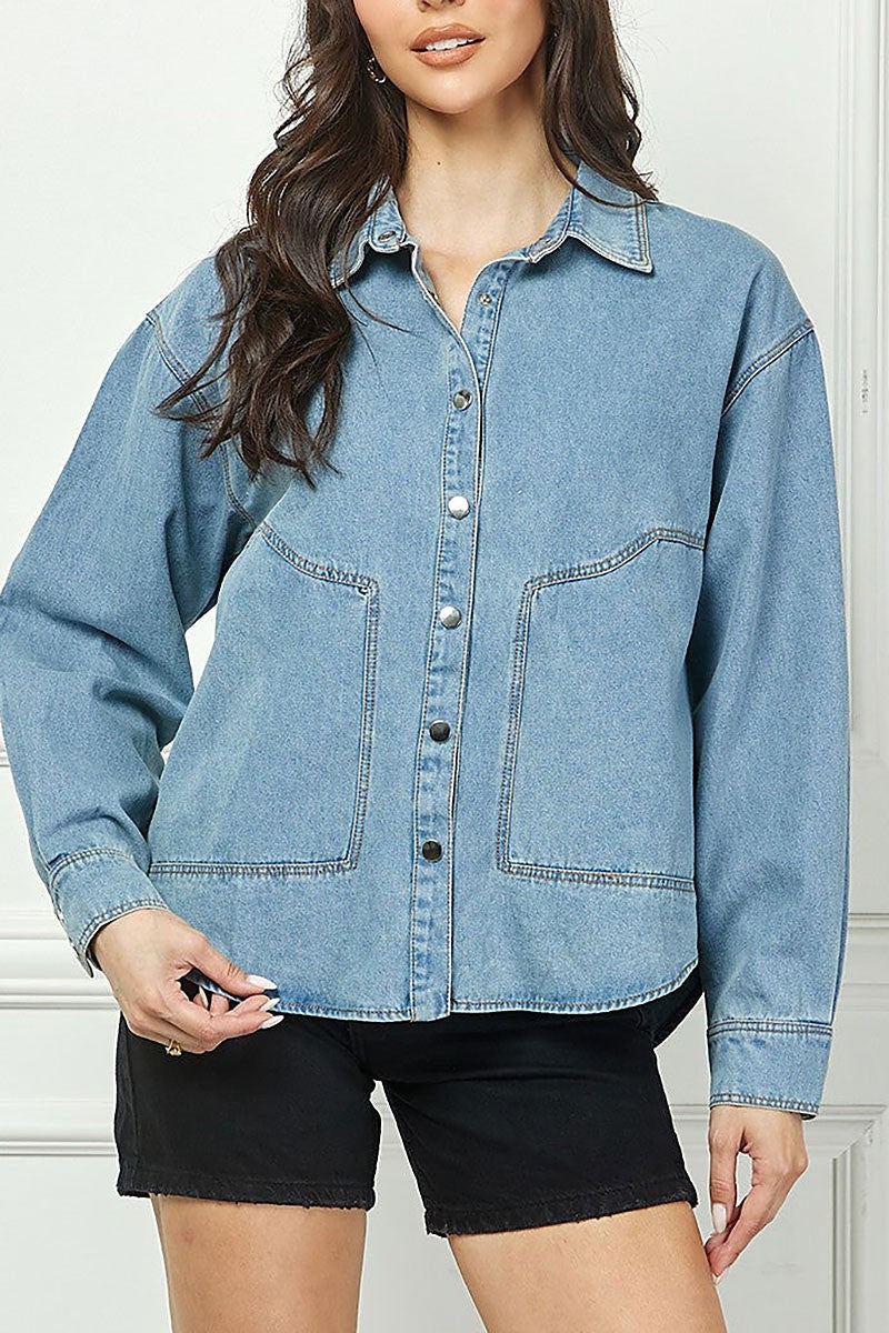 Collared long sleeves button down shacket top (RSSW5038)