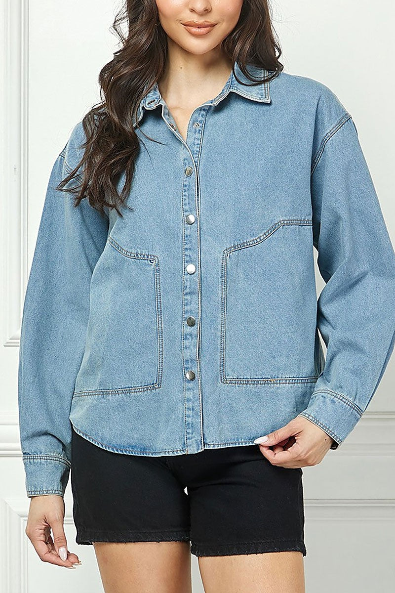 Collared long sleeves button down shacket top (RSSW5038)