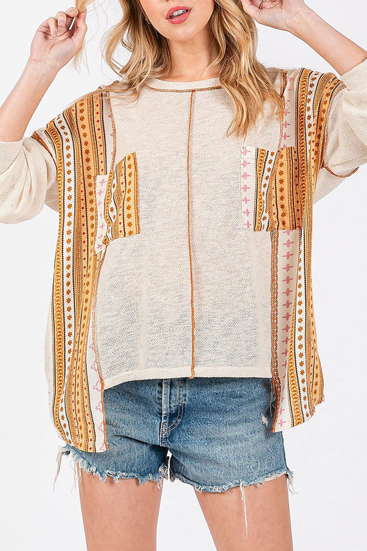 Round neck boho contrast sweater (RSSW5040)