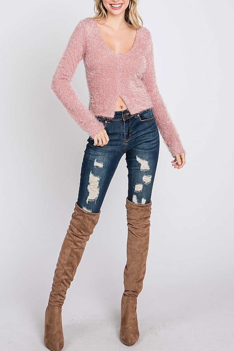 Soft fur stretch long sleeves knit crop top (RSSW5057)