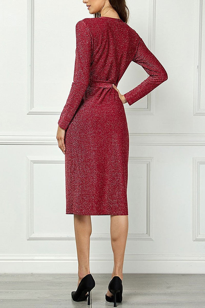 V-neck long sleeves self-tie waist knit midi dress (RSSW5064)