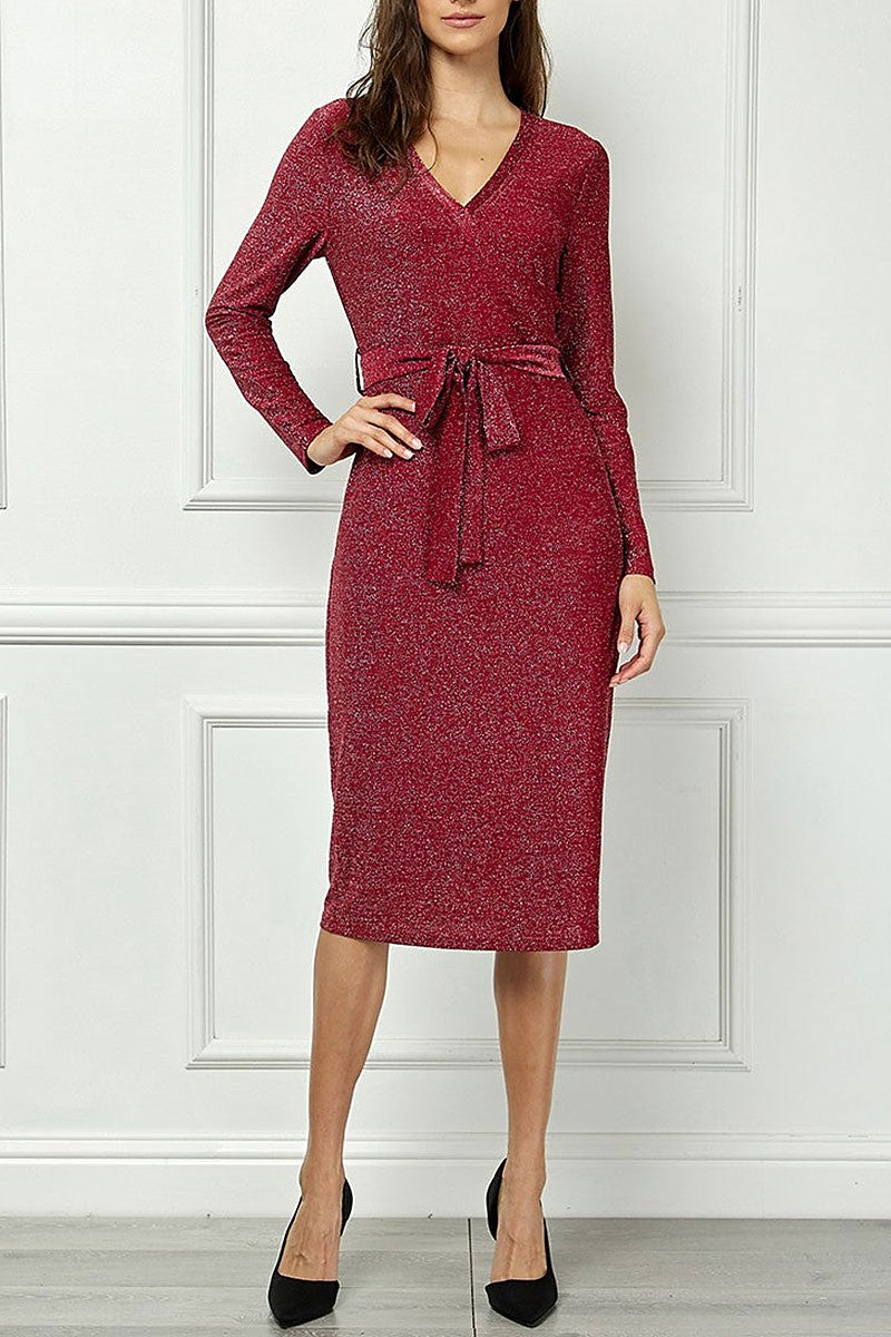 V-neck long sleeves self-tie waist knit midi dress (RSSW5064)