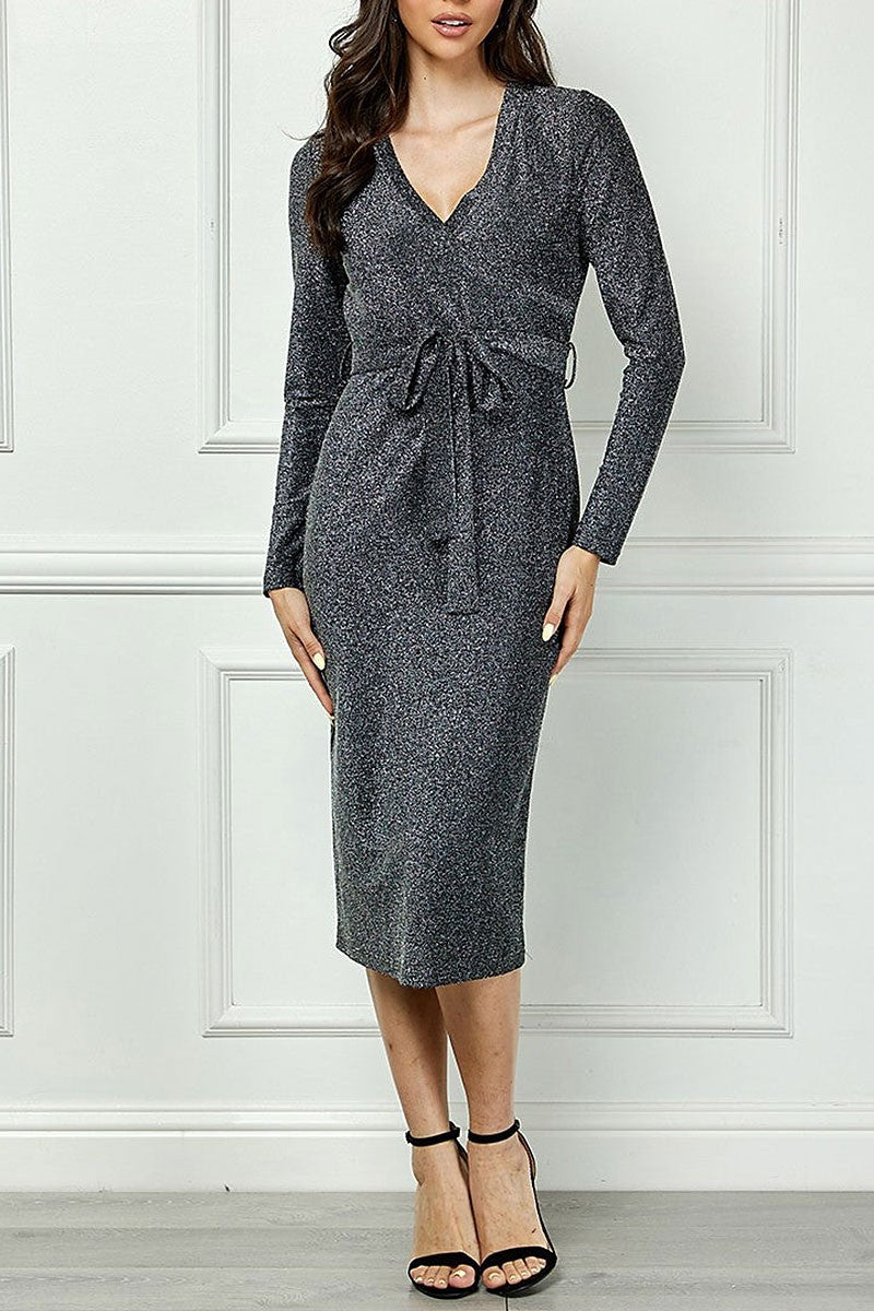 V-neck long sleeves self-tie waist knit midi dress (RSSW5064)