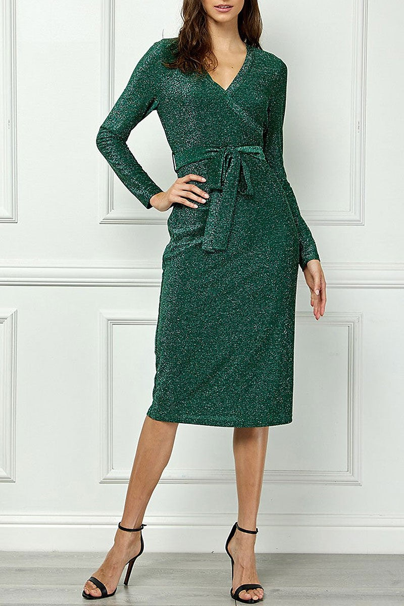 V-neck long sleeves self-tie waist knit midi dress (RSSW5064)