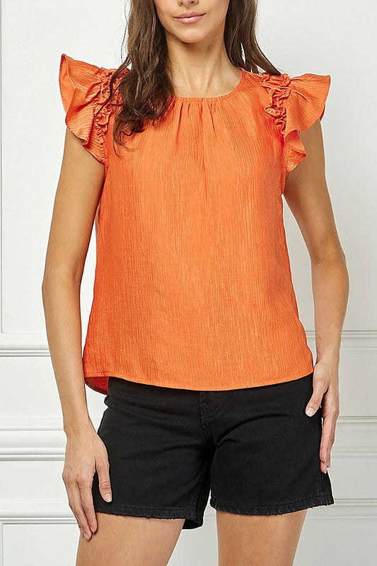 Pleated round neck short ruffled sleeves top (RSSW5065)