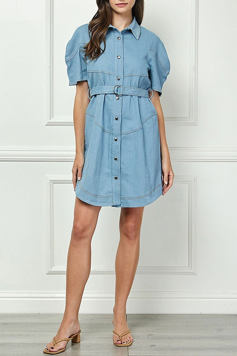 Short sleeves button down mini shirt dress (RSSW5066)