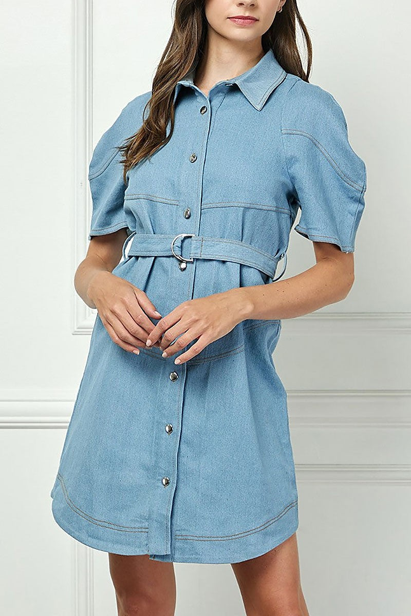 Short sleeves button down mini shirt dress (RSSW5066)