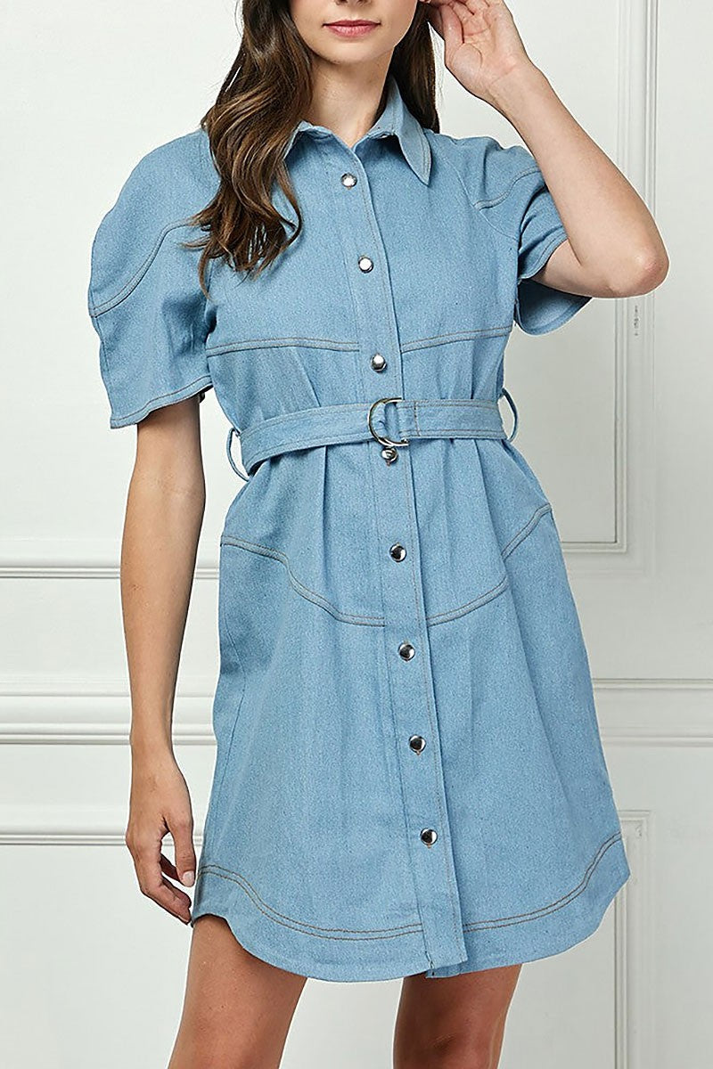 Short sleeves button down mini shirt dress (RSSW5066)