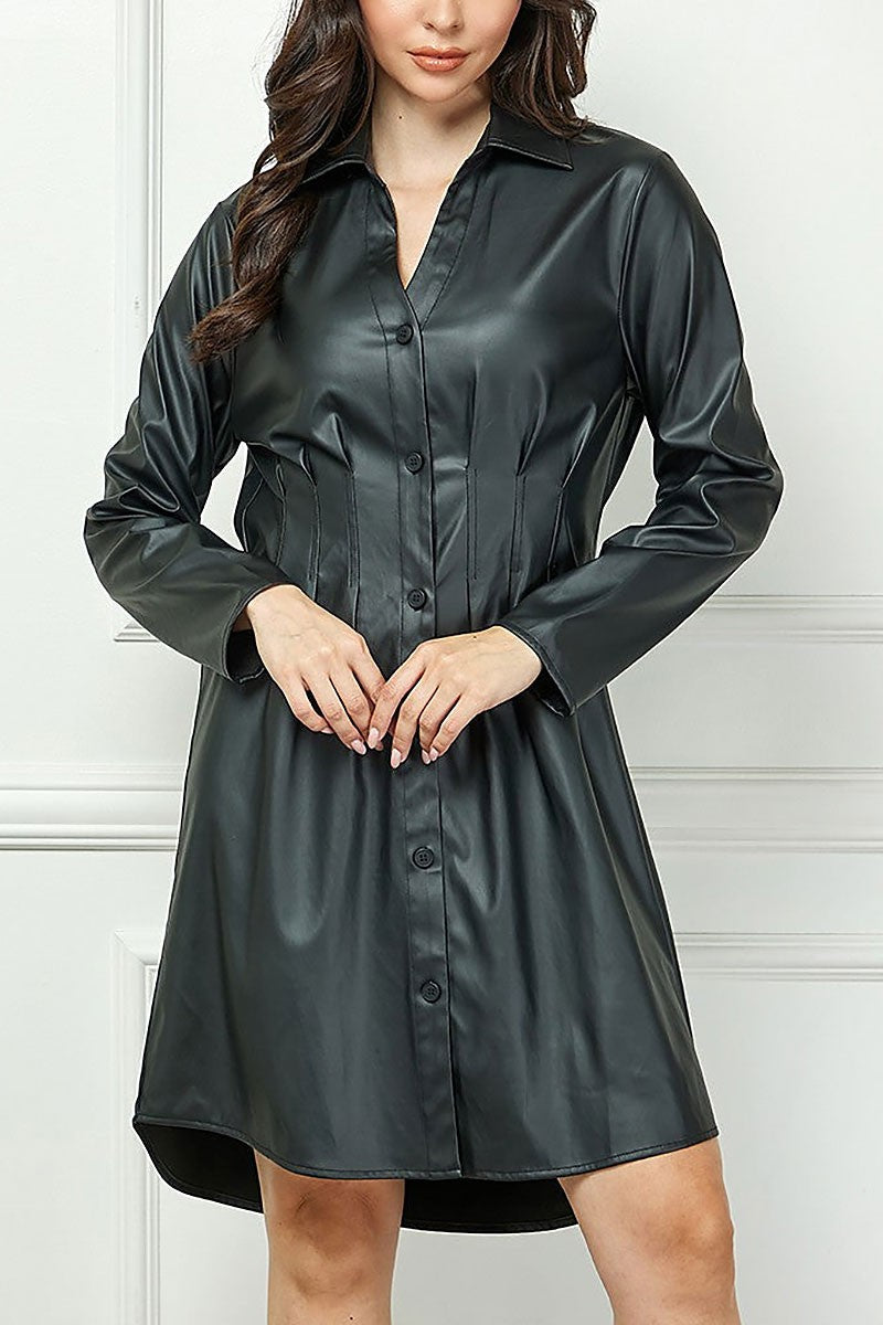 Faux leather button down long sleeves mini dress (RSSW5068)