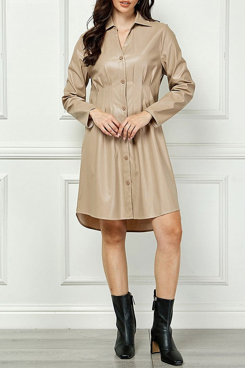 Faux leather button down long sleeves mini dress (RSSW5068)