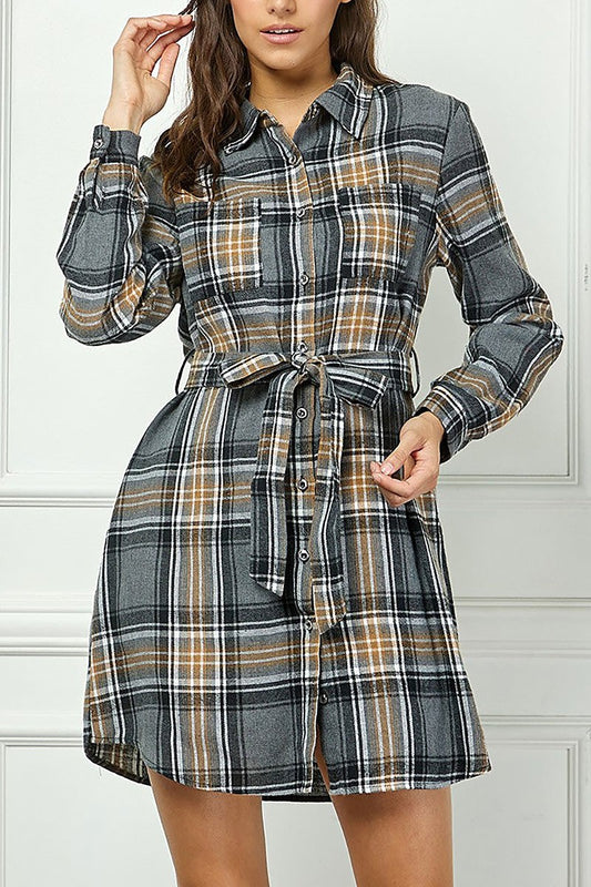 Plaid flannel long sleeves button front mini dress (RSSW5069)