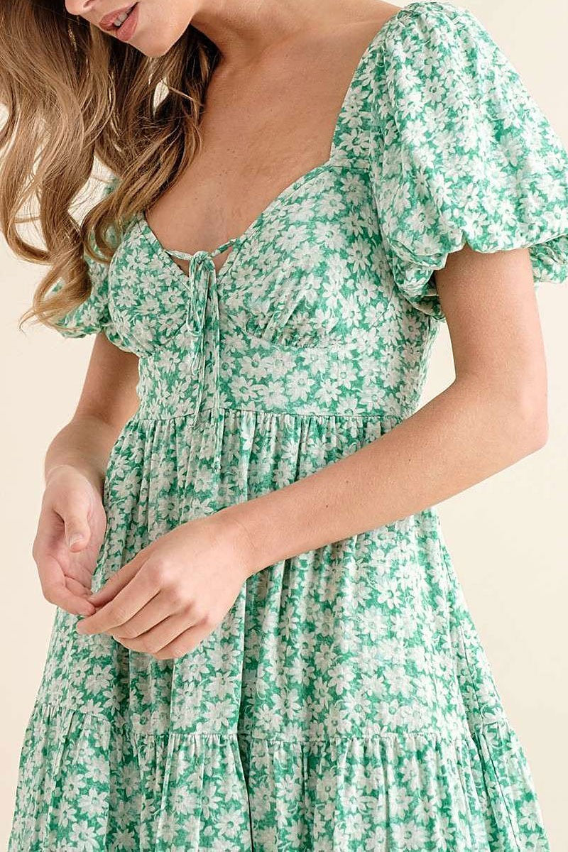 V-neck puff short sleeves ruffled mini dress (RSSW5070)