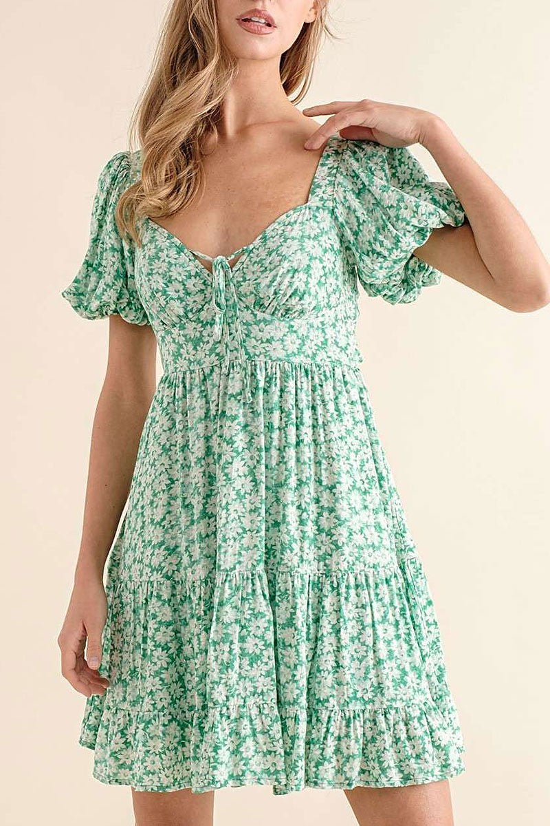 V-neck puff short sleeves ruffled mini dress (RSSW5070)