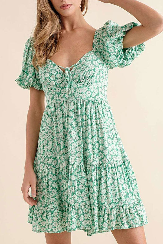 V-neck puff short sleeves ruffled mini dress (RSSW5070)