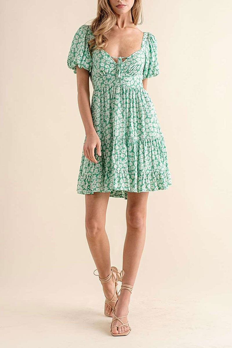 V-neck puff short sleeves ruffled mini dress (RSSW5070)