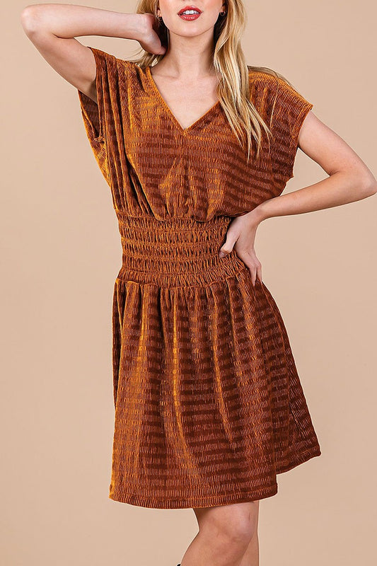 Textured knit smocking detailed mini dress (RSSW5072)