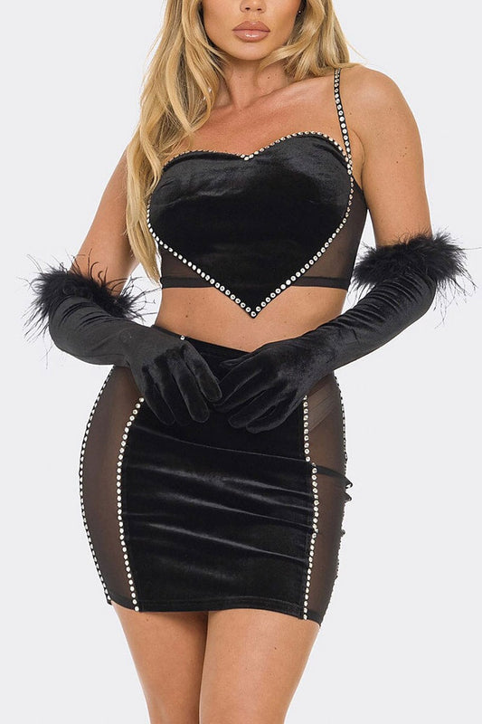 Rhinestone velvet mesh crop top gloves skirt set (RVWT9264)