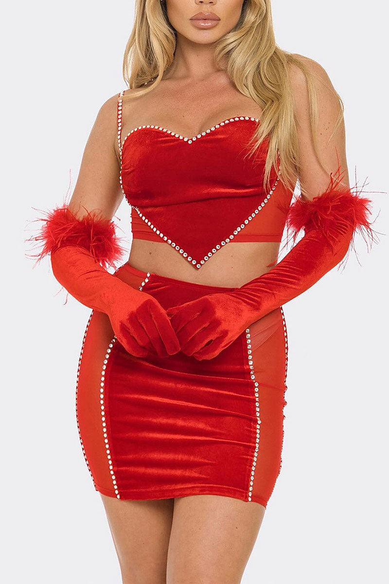 Rhinestone velvet mesh crop top gloves skirt set (RVWT9264)