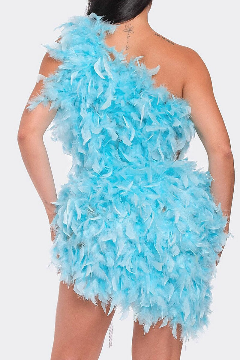 One shoulder belted feather mini dress (RVWT9265)