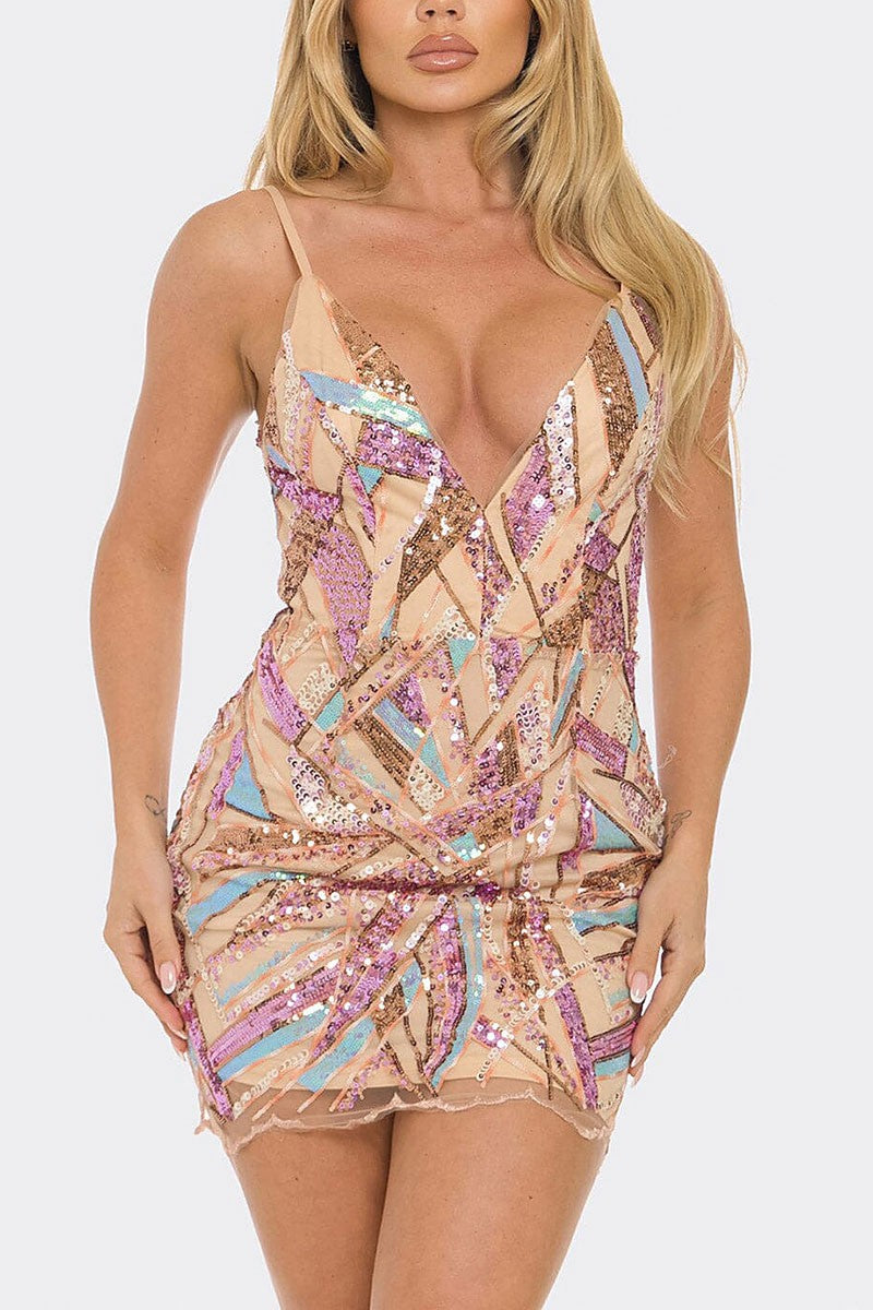 Multi sequin v neck bodycon mini dress (RVWT9266)