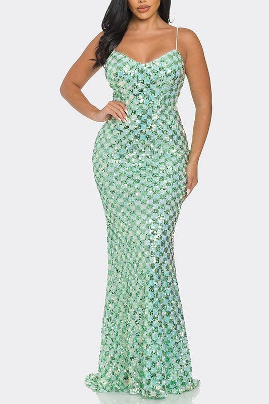 V neck multi sequin bodycon maxi dress (RVWT9305)