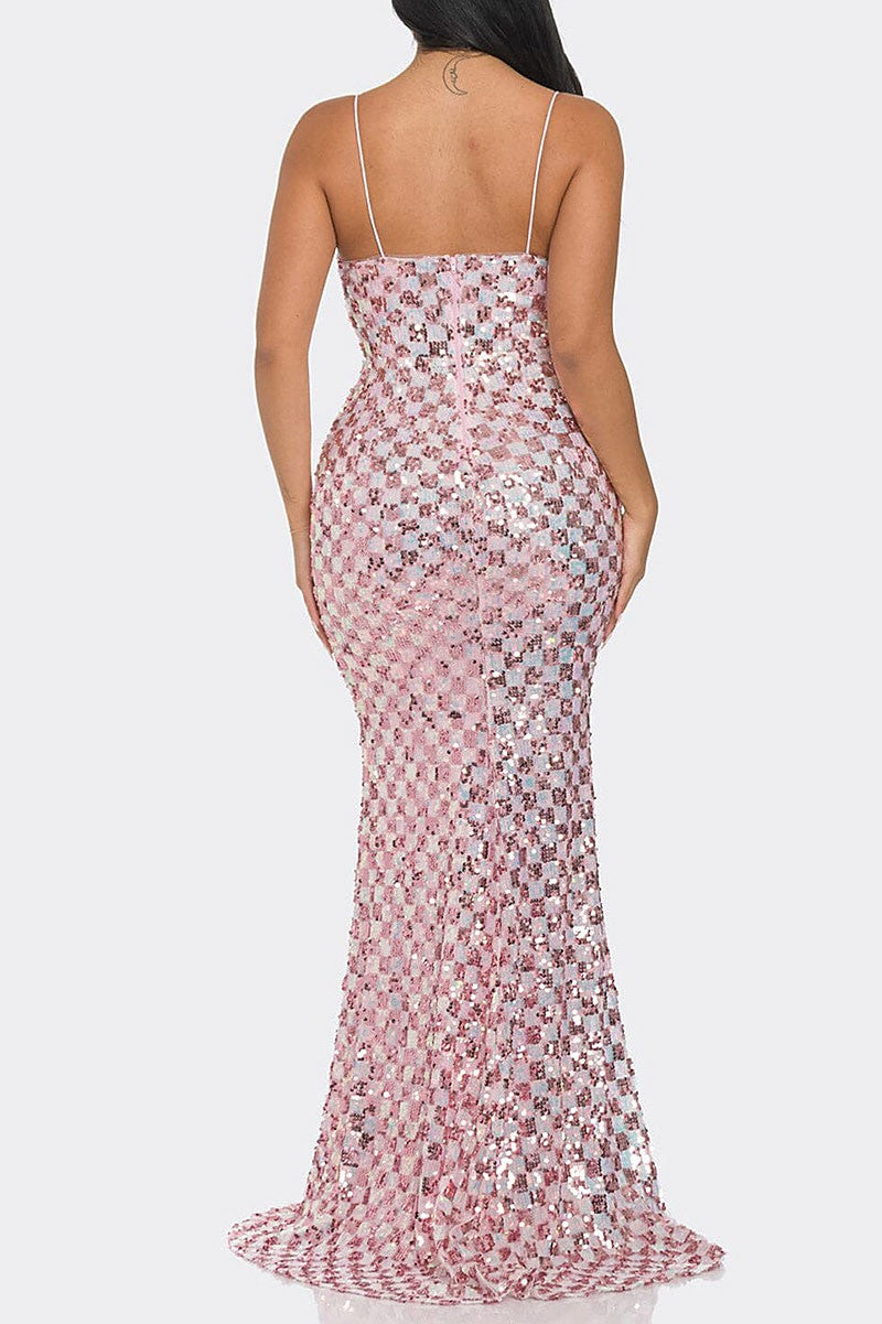 V neck multi sequin bodycon maxi dress (RVWT9305)