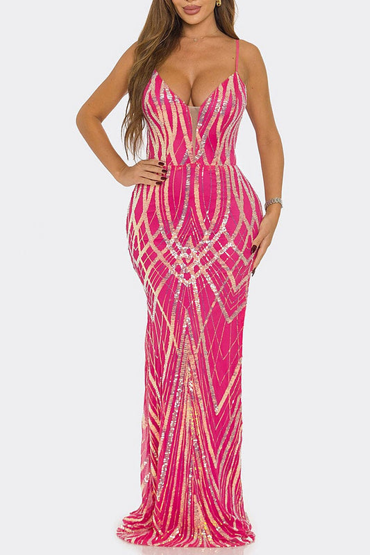 Multi sequin v neck bodycon maxi dress (RVWT9307)