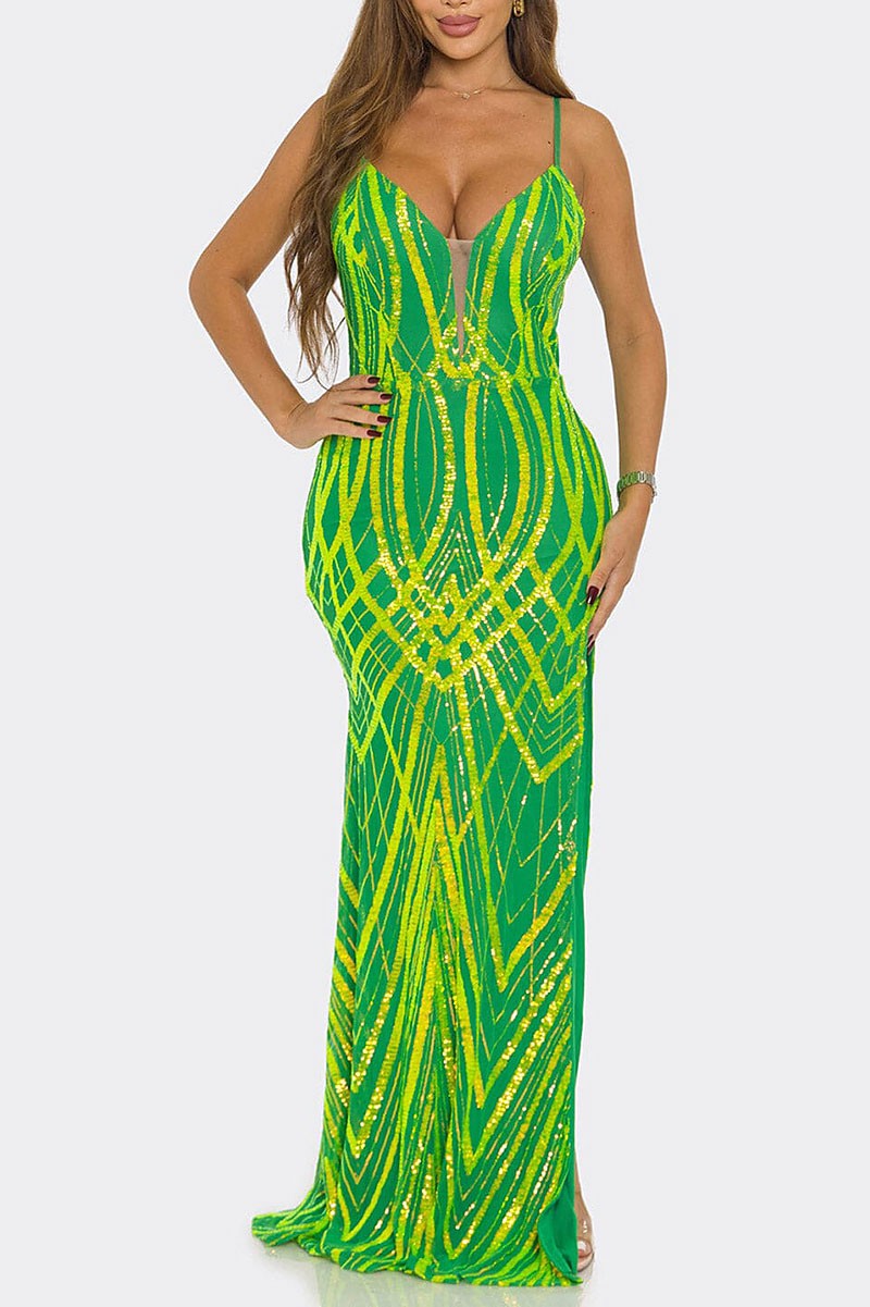 Multi sequin v neck bodycon maxi dress (RVWT9307)