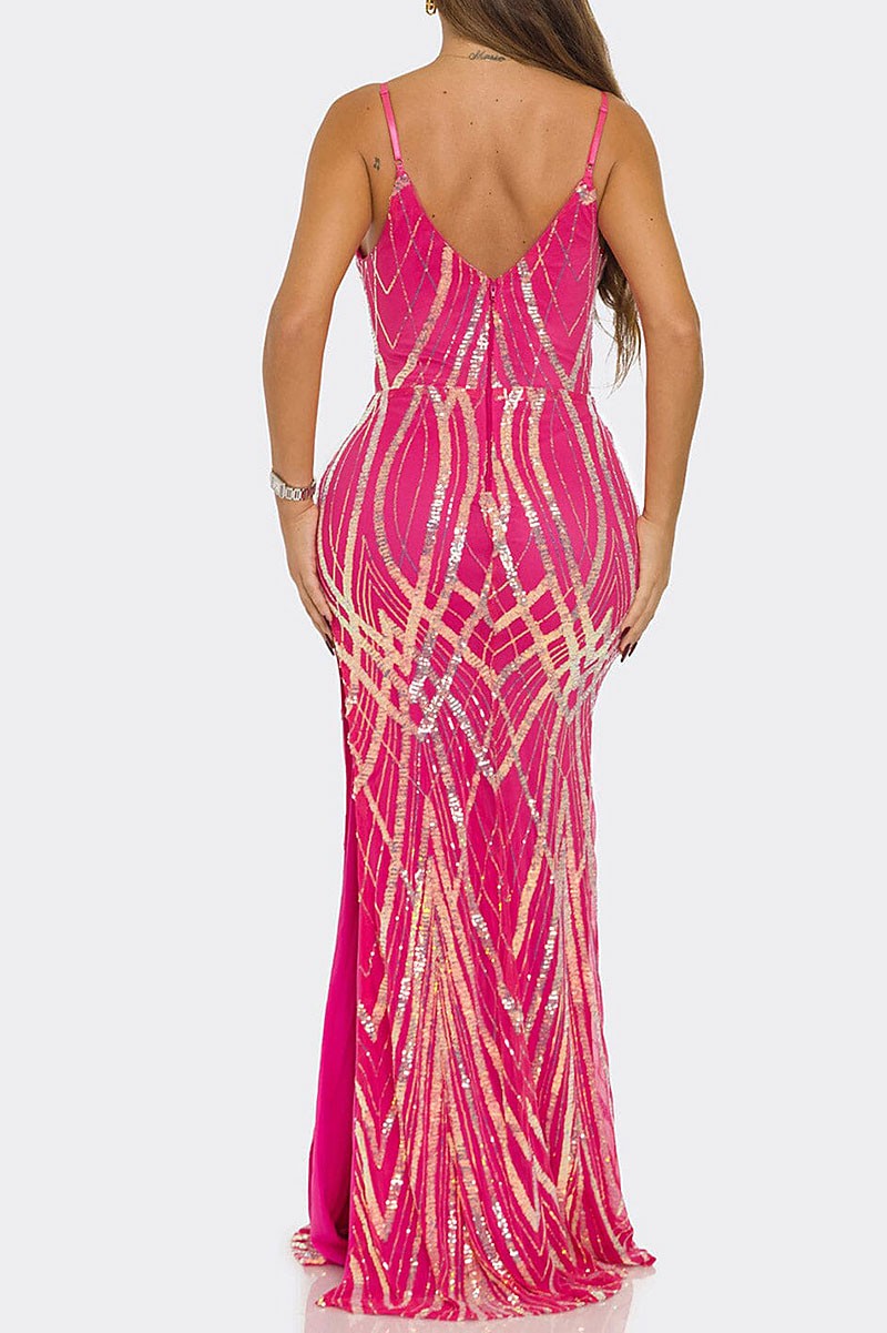 Multi sequin v neck bodycon maxi dress (RVWT9307)