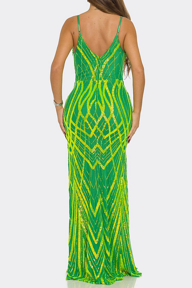 Multi sequin v neck bodycon maxi dress (RVWT9307)