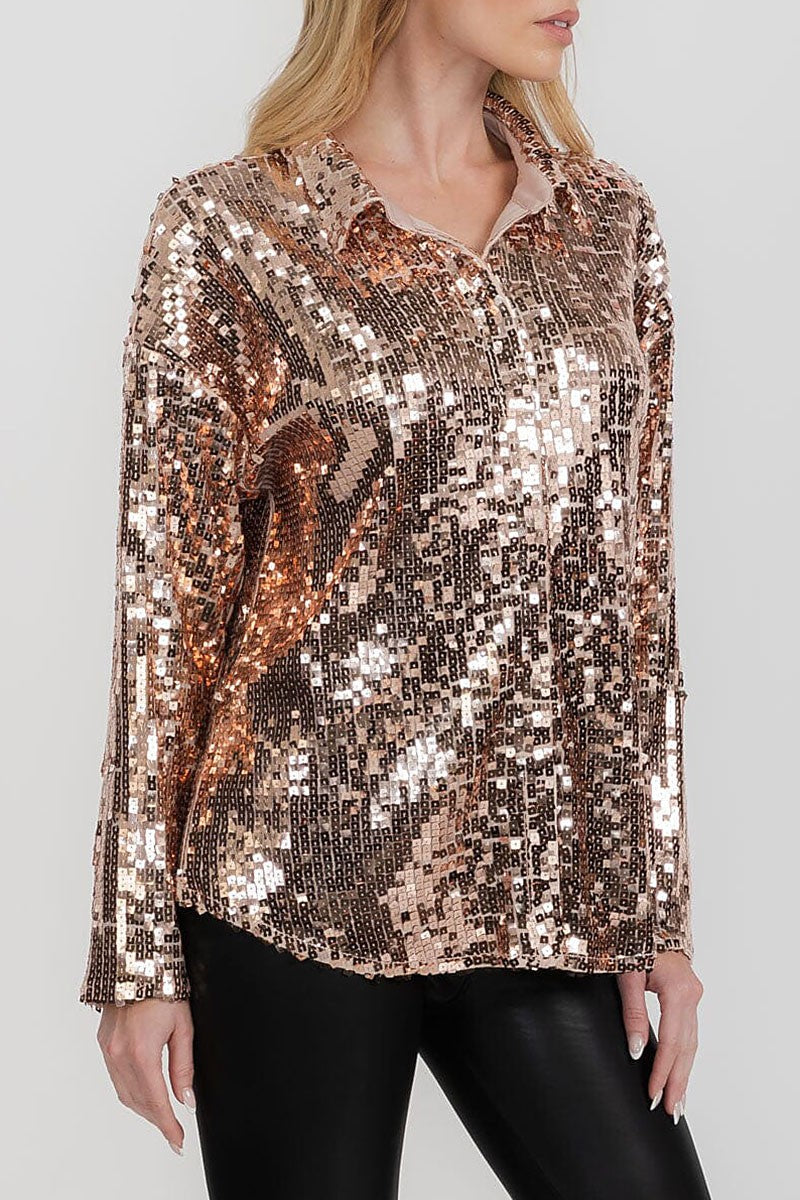 Fully sequins button down shirt top (RVWT9330)