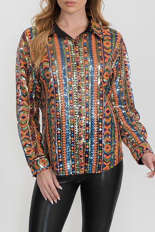 Multi color sequined button down shirt top (RVWT9331)