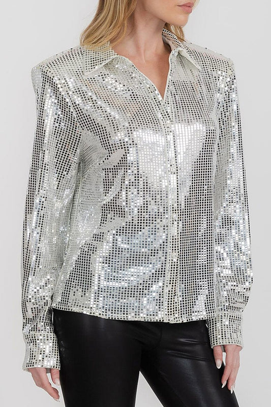 Fully sequined button down shoulder pad shirt top (RVWT9332)